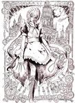  absurdres between_fingers boots brown gears highres izayoi_sakuya knife maid monochrome nobita solo touhou 