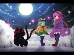  belt cat collar etogami_kazuya eyes full_moon garter_straps green_eyes hairband hat hat_ribbon highres kaenbyou_rin kaenbyou_rin_(cat) komeiji_koishi komeiji_satori landscape letterboxed moon moonlight multiple_girls multiple_tails night purple_eyes purple_hair red_eyes ribbon scarf silver_hair skirt snow tail tail_ribbon thighhighs touhou wallpaper winter 