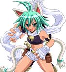  animal_ears bell beryl_(shinrabanshou) fang fingerless_gloves gloves green_eyes green_hair midriff scarf shinrabanshou shorts solo waiai 