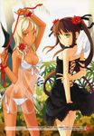  arm_up arms_behind_back bare_shoulders black_dress blonde_hair breasts brown_hair choker cleavage collarbone dark_skin demon_wings dress flower front-tie_top green_eyes h2so4 hair_flower hair_ornament halo highres long_hair looking_at_viewer medium_breasts multiple_girls orange_eyes original panties ribbon ribbon_choker scan see-through side-tie_panties smile strapless strapless_dress twintails underwear very_long_hair white_dress white_panties white_wings wings wrist_ribbon 