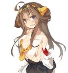  :d ahoge bad_id bad_pixiv_id bare_shoulders blush boots breasts brown_eyes detached_sleeves fumatake hairband headgear japanese_clothes kantai_collection kongou_(kantai_collection) large_breasts no_bra open_mouth simple_background skirt smile solo thigh_boots thighhighs torn_clothes v-shaped_eyebrows white_background 