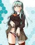  aqua_hair blush breasts grey_eyes hair_ornament hairclip honeycomb_(pattern) honeycomb_background kaminagi_(kaminagi-tei) kantai_collection large_breasts long_hair panties polka_dot polka_dot_panties red_panties skirt skirt_lift solo suzuya_(kantai_collection) thighhighs underwear 