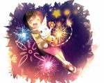  blue_eyes brown_hair digimon digimon_adventure fireworks mouth open smile tailmon yagami_hikari 