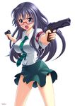  armband ass_visible_through_thighs blue_eyes blush breasts cocked_hammer dual_wielding glasses gun handgun highres holding large_breasts long_hair looking_at_viewer m1911 necktie number10_(hagakure) open_mouth original pistol purple_hair school_uniform shiny shiny_skin shirt short_sleeves simple_background skirt skirt_lift solo sweatdrop taut_clothes taut_shirt tie_clip weapon wind wind_lift 