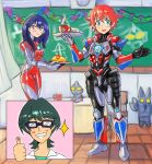  2boys bangs black_hair blue_eyes blue_eyesglasses blush cosplay eyebrows_visible_through_hair green_hair hibiki_yuuta long_hair multiple_boys oomasa_teikoku red_hair short_hair ssss.gridman takarada_rikka utsumi_shou 