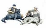  archer blue_hair crimo dark_skin dark_skinned_male fate/stay_night fate_(series) lancer long_hair multiple_boys ponytail white_hair wolf 