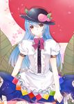  blue_hair food fruit hat hinanawi_tenshi itsuki_(yishu) long_hair peach red_eyes smile solo sword sword_of_hisou touhou weapon 