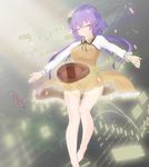  bad_id bad_pixiv_id barefoot biwa_lute closed_eyes flower hair_flower hair_ornament instrument long_hair lute_(instrument) musical_note purple_hair septet_(zrca_janne) smile solo staff_(music) touhou tsukumo_benben twintails 