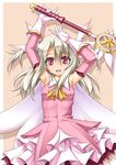  armpits arms_up blush elbow_gloves fate/kaleid_liner_prisma_illya fate_(series) gloves holding holding_wand illyasviel_von_einzbern kaleidostick long_hair magical_girl magical_ruby prisma_illya roura silver_hair solo wand 