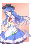  amemiya_ruki blue_hair cowboy_shot food fruit hat highres hinanawi_tenshi long_hair looking_at_viewer open_mouth outside_border peach pointing red_eyes solo touhou 