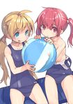  ball beachball blonde_hair blowing blue_eyes multiple_girls one-piece_swimsuit original red_eyes red_hair school_swimsuit shindou_kamichi swimsuit swimsuit_pull twintails 