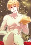  abs bad_id bad_pixiv_id blonde_hair chibi chibi_inset fate/zero fate_(series) gilgamesh gold_bar gucce222 kotomine_kirei male_focus multiple_boys nude parody pectorals red_eyes solo_focus sparkle translated 