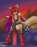  cat cleavage clothed clothing cosplay feline female guilty_gear hair ky_kiske looking_at_viewer mammal plushie red_hair skimpy sol_badguy solo sword weapon 