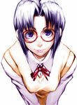  blue_eyes blue_hair breasts ciel glasses lips medium_breasts nose red-framed_eyewear ribbon round_eyewear sawao school_uniform short_hair solo sweater_vest tsukihime v_arms white_background 