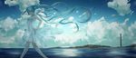  aqua_eyes aqua_hair cloud dress floating_hair hatsune_miku highres long_hair no.734 see-through skirt_hold sky solo twintails very_long_hair vocaloid walking water 