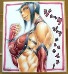 abs alternate_color bare_shoulders black_hair bracelet breasts clenched_hand dated detached_sleeves fingerless_gloves gloves grin halter_top halterneck han_juri jewelry large_breasts lips marker_(medium) muscle photo purple_eyes sawao shikishi sideboob smile solo spiked_bracelet spikes street_fighter street_fighter_iv_(series) traditional_media translation_request 