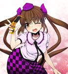  blush brown_eyes brown_hair cellphone checkered checkered_skirt hair_ribbon hat himekaidou_hatate long_hair necktie one_eye_closed phone ribbon rougetsu_(eclipse) skirt solo tokin_hat touhou twintails very_long_hair 