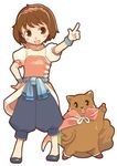  animal arm_up artist_request brown_hair cape capri_pants full_body gensou_suikoden gensou_suikoden_ii hairband hand_on_hip lowres mikumiku nanami_(suikoden) pants pink_cape pointing puffy_sleeves shoes short_hair squirrel white_background 