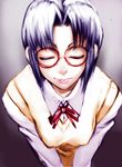  blue_hair breasts ciel closed_eyes glasses lips medium_breasts nose red-framed_eyewear ribbon round_eyewear sawao school_uniform short_hair solo sweater_vest tsukihime v_arms 