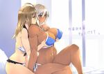  2girls ahoge ahoge_girl_(23) areolae bikini blonde_hair blue_eyes blush breast_grab breasts commentary_request couple covered_nipples dark-skinned_girl_(23) dark_skin frilled_bikini frills grabbing grabbing_from_behind halter_top halterneck highres large_areolae large_breasts lips long_hair multiple_girls navel original short_hair side-tie_bikini sideboob sweat swimsuit thighs toned translated wife_and_wife yuri zanshomimai 