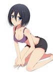  abs bad_id bad_pixiv_id bare_legs bare_shoulders black_hair blue_eyes blush bra breasts cleavage highres kneeling looking_at_viewer medium_breasts mikasa_ackerman purple_bra shingeki_no_kyojin short_hair shorts simple_background solo umigraphics underwear underwear_only white_background 