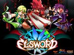  2011 2girls :o aisha_(elsword) belt bow_(weapon) brown_eyes copyright_name elsword elsword_(character) fingerless_gloves gloves green_eyes green_hair hair_tubes knight_(elsword) long_hair magician_(elsword) multiple_girls no_nose official_art one_eye_closed pointy_ears purple_eyes purple_hair purple_skirt ranger_(elsword) red_hair rena_(elsword) ress short_hair shorts skirt smile spiked_hair sword thighhighs weapon 
