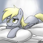 blonde_hair cutie_mark derpy_hooves_(mlp) equine female feral friendship_is_magic fur grey_fur hair half-closed_eyes horse john_joseco lying mammal my_little_pony on_front pegasus pillow pony smile solo wings yellow_eyes 