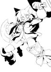  7th_dragon 7th_dragon_(series) absurdres animal_ears axe bell fighter_(7th_dragon) gloves greyscale hair_bobbles hair_ornament harukara_(7th_dragon) highres jingle_bell lineart monochrome nanaroku_(fortress76) navel open_mouth shield shin_guards solo weapon 