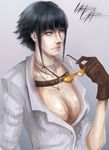  belt black_hair blue_eyes breasts cleavage devil_may_cry devil_may_cry_3 earrings eyewear_removed gloves heterochromia holding holding_eyewear jewelry lady_(devil_may_cry) large_breasts lips necklace no_bra nose pendant red_eyes roman_colerov scar shirt short_hair signature solo stud_earrings sunglasses 