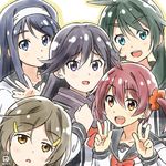  :d blue_eyes blue_hair blush brown_eyes brown_hair d: double_v futaba_aoi_(vividred_operation) isshiki_akane kueru_(yuuki_tamerawanai) kuroki_rei long_hair multiple_girls national_shin_ooshima_school_uniform open_mouth purple_scarf red_hair saegusa_wakaba scarf school_uniform shinomiya_himawari short_hair shorts smile twintails v vividred_operation waving 