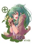  :x akatsuki_rabbit character_name closed_eyes doll duel_monster green_hair hair_ornament jewelry necklace open_mouth ponytail robe simple_background smile solo white_background winda_priestess_of_gusto yuu-gi-ou 
