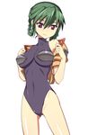  bare_shoulders breasts caryo covered_navel green_hair hair_rings large_breasts leotard looking_down lowres mina_likering nanashino purple_eyes simple_background solo super_robot_wars super_robot_wars_f undressing white_background 