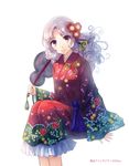  bad_id bad_pixiv_id blush brown_eyes flower hair_ornament japanese_clothes kimono long_hair original silver_hair smile solo wavy_hair yakka 