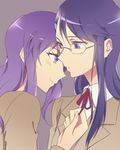  bad_id bad_twitter_id blazer blush face-to-face glasses heartcatch_precure! jacket jpeg_artifacts kurumi_momoka long_hair multiple_girls myoudou_gakuen_high_school_uniform negom precure purple_eyes purple_hair school_uniform smile tsukikage_yuri upper_body yuri 