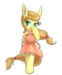  30clock apron big_ears blush brown_hair button&#039;s_mom button's_mom clothed clothing cyan_eyes equine female fur hair half-closed_eyes hooves horse long_hair looking_at_viewer mammal my_little_pony open_mouth original_character plain_background pony smile solo standing tan_fur tongue white_background 