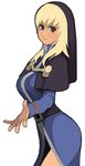  bad_id bad_pixiv_id belt blonde_hair breasts brown_eyes capelet dress genderswap goenitz hood large_breasts long_hair outstretched_hand side_slit solo steward_b the_king_of_fighters 
