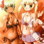  bikini bikini_skirt blonde_hair breasts cleavage cowboy_shot dark_skin dr_rex flower food_themed_hair_ornament front-tie_top green_eyes green_hair hair_flower hair_ornament hairclip heart_ring_top hibiscus holding_hands innertube long_hair looking_at_viewer medium_breasts multiple_girls navel open_hand open_mouth original shiny shiny_skin short_hair side-tie_bikini smile striped striped_bikini striped_swimsuit swimsuit tan watermelon_hair_ornament yellow_eyes 