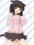  :d animal_ears asa_no_ha black_hair blue_background cat_ears cat_tail contrapposto diagonal-striped_background diagonal_stripes fang frilled_skirt frills hand_on_own_chest looking_at_viewer no_bra open_mouth original outline red_eyes shadow short_hair skirt smile solo standing striped striped_background tail white_background 