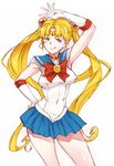  arm_up armpit_hair bishoujo_senshi_sailor_moon blonde_hair blue_eyes blue_sailor_collar blue_skirt bow breasts choker covered_nipples double_bun earrings elbow_gloves gloves hair_ornament hand_on_hip highres jewelry long_hair magical_girl medium_breasts mogg red_bow red_choker sailor_collar sailor_moon sailor_senshi_uniform skirt solo sweat tiara tongue tongue_out tsukino_usagi twintails white_gloves 