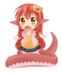  bad_id bad_pixiv_id beatsync chibi fang hair_ornament hairclip lamia long_hair miia_(monster_musume) monster_girl monster_musume_no_iru_nichijou open_mouth pointy_ears red_hair scales shirt simple_background skirt solo white_background yellow_eyes younger 
