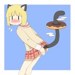  1girl animal_ears artist_requset bangs blonde_hair blue_background blunt_bangs blush cat_ears cat_tail doughnut female flying_sweatdrops food mihune nichijou plaid plaid_skirt school_uniform sekiguchi_yuria serafuku simple_background skirt solo tail |_| 