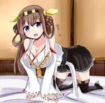  :o all_fours blue_eyes boots breasts brown_hair hanging_breasts huge_breasts kantai_collection kongou_(kantai_collection) long_hair neneru open_mouth ribbon-trimmed_sleeves ribbon_trim solo thigh_boots thighhighs 