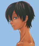  1boy androgynous black_hair brown_eyes green_eyes highres ikezawa_kazuma looking_at_viewer male male_focus profile short_hair simple_background solo summer_wars tan tan_skin topless 