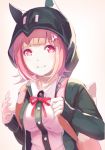  1girl animal_ears backpack bag bangs black_hoodie breasts cat_bag cat_ears closed_mouth commentary_request danganronpa eyebrows_behind_hair flipped_hair hair_ornament hairclip holding holding_bag hood hoodie large_breasts long_sleeves looking_at_viewer nanami_chiaki pink_eyes pink_hair red_ribbon ribbon short_hair simple_background smile solo super_danganronpa_2 teneko white_background 