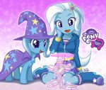 blue_fur blue_skin blush boots breasts cape clothed clothing crackers cutie_mark duo equestria_girls equine female feral friendship_is_magic fur hair hoodie horn horse human humanized mammal my_little_pony pony portal purple_eyes sitting size_difference skirt smile square_crossover trixie_(eg) trixie_(mlp) unicorn uotapo white_hair wizard_hat 