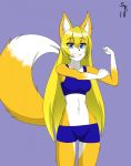  2018 5_fingers anthro biped black_nose blonde_hair blue_eyes bra breasts canine clothing dipstick_tail eyelashes female fluffy fluffy_tail fox fur gloves_(marking) hair long_hair long_tail looking_at_viewer mammal markings multicolored_fur multicolored_tail navel portrait purple_background sharonkos shorts simple_background smile solo sports_bra standing teeth three-quarter_portrait tight_clothing trudy_(shadesfox) two_tone_fur two_tone_tail underwear white_fur white_tail yellow_ears yellow_eyebrows yellow_fur yellow_tail 