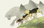  animalization armin_arlert blue_eyes cloak dog female_titan highres jean_kirchstein open_mouth reiner_braun running saliva shingeki_no_kyojin sweatdrop tree zencelot 