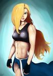  abs absurdres bangs blonde_hair blue_eyes breasts fingerless_gloves fullmetal_alchemist funnbunns gloves hair_over_one_eye highres lips long_hair medium_breasts midriff olivier_mira_armstrong short_shorts shorts showgirl_skirt solo sports_bra toned 