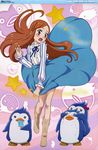  absurdres bird blush boots bow brown_hair covering dress embarrassed food highres incredibly_absurdres long_hair long_legs mawaru_penguindrum nyantype official_art penguin penguin_1-gou penguin_2-gou penguin_3-gou popsicle purple_eyes saliva scan sonobe_aiko star takakura_himari wind wind_lift 