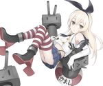  anchor ass bare_shoulders black_panties blonde_hair blush brown_eyes elbow_gloves gloves hair_ornament hairband innertube kantai_collection long_hair looking_at_viewer navel nnyu open_mouth panties rensouhou-chan shimakaze_(kantai_collection) skirt solo striped striped_legwear thighhighs underwear white_gloves 